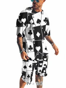 Summer Black and White Poker Impreso T Shirt Set Hombres Playa Manga corta Chándal Casual 2 piezas Trajes Masculino Sportwear R6fy #