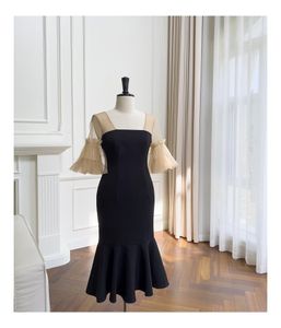 Zomer Zwart contrast Kleurpaneel TULLE -jurk 12 Halve mouw vierkante nek Midi Casual jurken L3M2551913114048