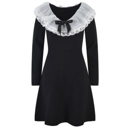 Zomer zwart contrast kleur lint stropdas bowknot jurk met lange mouwen peter pan nek tule paneel met korte casual jurken y4w09