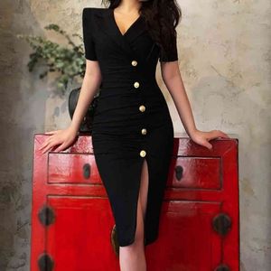 Summer Black Dress Women Solid Elegant Office Lady Business Work Party Vita sottile Moda 210514
