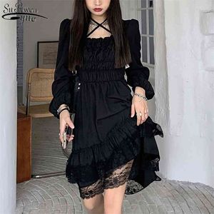 Zomer zwarte partij jurk vrouwen onregelmatige japan stijl kawaii gotische vrouwelijke kant ruches bladerdeeg mouw es 13244 210510