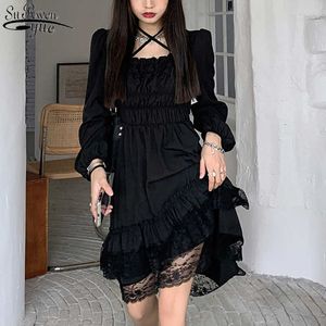 Vestido de fiesta negro de verano Mujeres Irregular Japón Estilo Kawaii Vestido gótico Mujer Lace Ruffles Puff Manga Vestidos 13244 210527