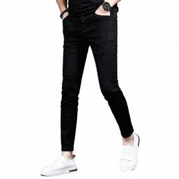 Jean déchiré noir d'été pour hommes, Streetwear décontracté, léger, Slim, longueur cheville, pantalon en Denim, R13W #