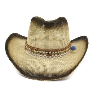Zomer zwarte spuit verf vrouwen mannen Panama stijl stro hoed mode cowboy hoed touw lint decor brede rand vizier cap strand sunhat