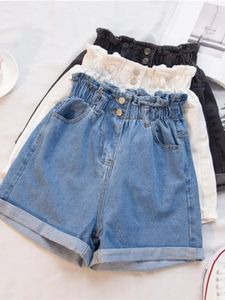 Zomer zwarte dames denim shorts s5xl geplooide wit blauw hoge taille elastische korte jeans y2k 240409