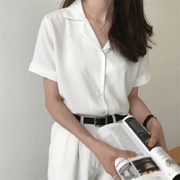 Chemisier d'été pour femmes, mode manches courtes, col en V, bureau décontracté, dessus de chemise blanc, Style japonais et coréen #35 220217