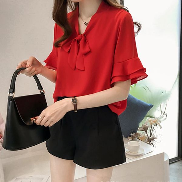 Chemisier d'été femmes chemise en mousseline de soie bureau travail hauts chemises à manches courtes coréen noeud cou à volants blanc abricot rouge Blouses Blusas 240226