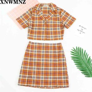 Chemisier d'été femmes vintage crop chemise streetwear plaid dames tops élégant bouton up coréen top orange 210520