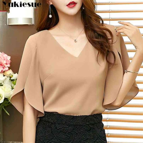 Blusas de verano para mujer Camisa de gasa sólida casual Blusa Feminina Manga de mariposa Blusa de mujer suelta coreana Top negro Blusas 210719