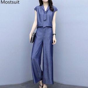 Zomer blauwe denim vrouwen tweedelige sets mouwloze tie tops + wide poot broek pakken mode kantoor werkkleding 2 stuks femme 210518