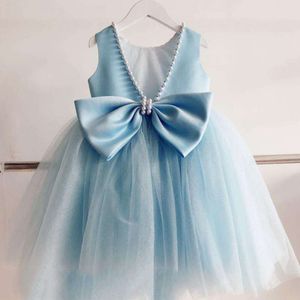 Summer Blue Flower Girls Satille Tulle Robe de princesse Mariage Pink Kids Birthday Pageant Robes pour 1-14 ans V-Back Bow Green L2405