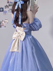 Verano azul Francia vintage vestido de hadas retro elegante fiesta de noche midi dresse puff manga sexy corea princesa 2022 230808