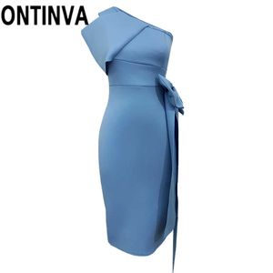 Zomer blauwe een schouder onregelmatige bodycon schede midi lengte club sexy potlood jurk met boog voor vrouwen plus size xxl 210527