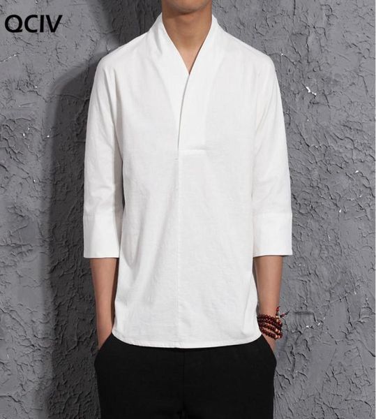 Camisa de lino y algodón tipo Kimono para hombre, blusa de lino con cuello en V Retro de estilo chino, camiseta fina Vintage, azul, blanco y negro, verano 10221960618