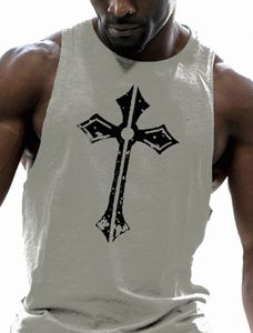 Summer Bodybuilding Undershirt Hommes Séchage rapide Fitn Vêtements Sports Undershirt Cross Print Hommes Basketball Sleevel Shirt 42nU #