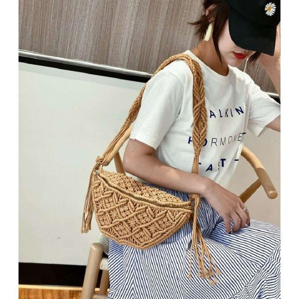 Sac de plage d'été bohème tissé à la main pour femmes, sac de taille avec glands, fourre-tout creux en coton Crochet, sacs à main de Style ethnique