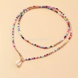 Zomer Boheemse Kleurrijke Rijst Kraal Ketting Dubbellaags Shell Hanger Ketting voor Vrouwen Mode-sieraden