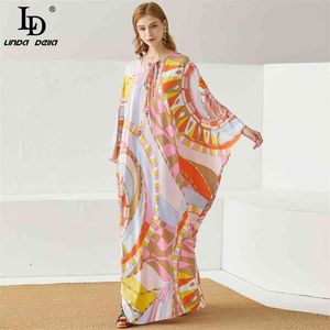 Zomer bohemien vloer lengte losse jurk vrouwen breien zijden print elegante maxi lange robe jurk 210522