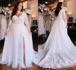 Zomer Boheemian Garden Beach Plus Size Wedding Jurken A Line Sheer Long Sheeves V Neck Appliques Bruidsjurken met Split BC18312