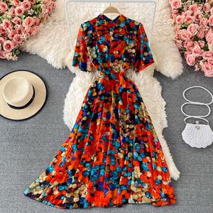 Zomer bohemien gedrukte chiffon lange jurk vrouwen elegante stand kraag korte mouw hoge taille a-line gewaad vrouwelijke zomer 2021 NIEUW Y0603