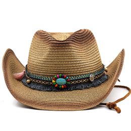 Zomer Boheemse sprayverf Western Straw Cowboy Hat Men Elegante vrouwen Punk Sombrero Hombre Cowgirl Outdoor Jazz Beach Sun Hat