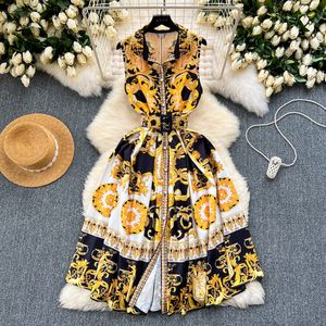 Stijlgedrukte jurk voor vrouwen in de zomer mouwloze taille sluiting afslankontwerp sense niche light luxe temperament lange jurk 220423
