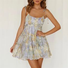 Zomer boho chiffon riem jurk vrouwen Boheemse bloemenprint backless paars sundress vestidos strand korte 210427