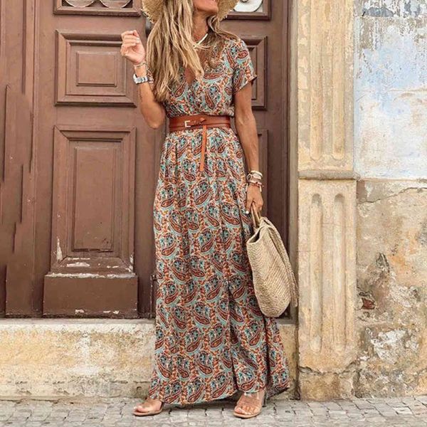 Verano Boho largo DrVintage Paisley estampado V cuello manga corta playa Maxi DrLadies elegante fiesta bata con cinturón vestido dividido X0621