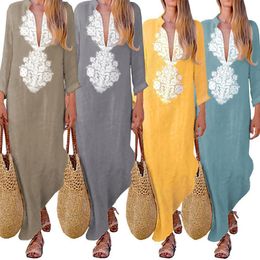 Voorafdrukken Boho Casual jurk lange mouw v nek dames jurken kleding losse dames feest zomer casual strand sundress s-2xl