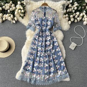 Summer Boho Mesh broderie Robe de fleur de fleur Femmes Lace Lace Lace Blue Blue Elegant Holiday Party Ladies Midi Vestidos 2022