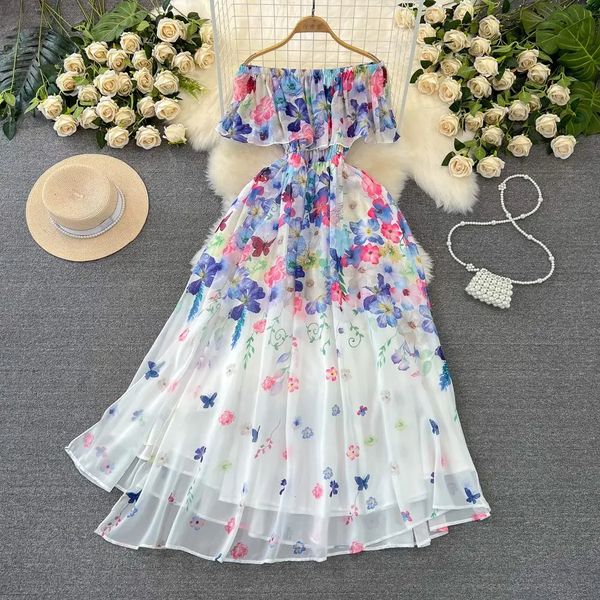 Vestidos casuales Summer Runway Holiday Flower Cool Hombro Gasa Maxi Vestido Mujeres Verano Ruffles Slash Cuello Plisado Largo Robe Party Vestidos 2024