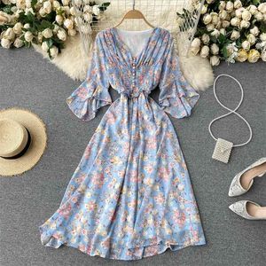 Zomer Boho Print Chiffon Holiday Midi Vrouwen Sweet Floral Jurken Onregelmatige uitlopende Sleeve V-hals Ruched Sundress 210430