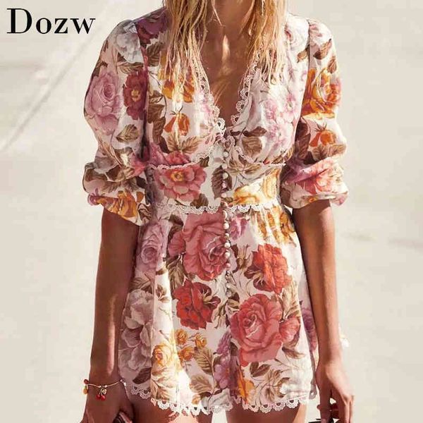 Summer Boho Style Floral Print Playsuit Femmes Dentelle Patchwork Sexy Deep V Cou Beach Combinaison Lady Lantern Sleeve Romper 210414