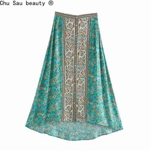 Été Boho Style taille haute simple boutonnage conception positionnement fleur imprimer queue d'aronde jupe femme mode 210508