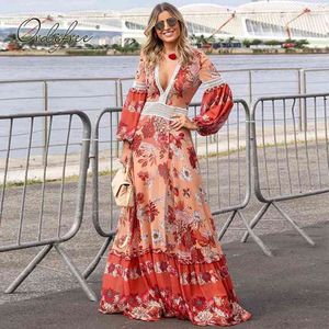 Verano Boho mujeres floral maxi manga vintage encaje crochet flor estampado largo túnica playa vestido 210415