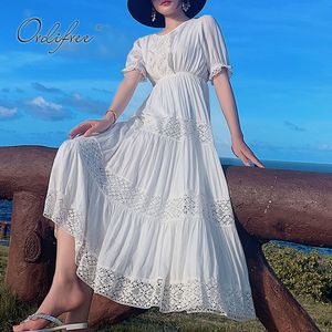 Zomer boho vrouwen maxi korte mouw losse katoen witte kant lange tuniek strand jurk 210415