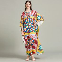 Zomer bohomian maxi jurk runway dames oneck batwing mouw vintage colorblock print losse gewaden long boho vestidos 240410