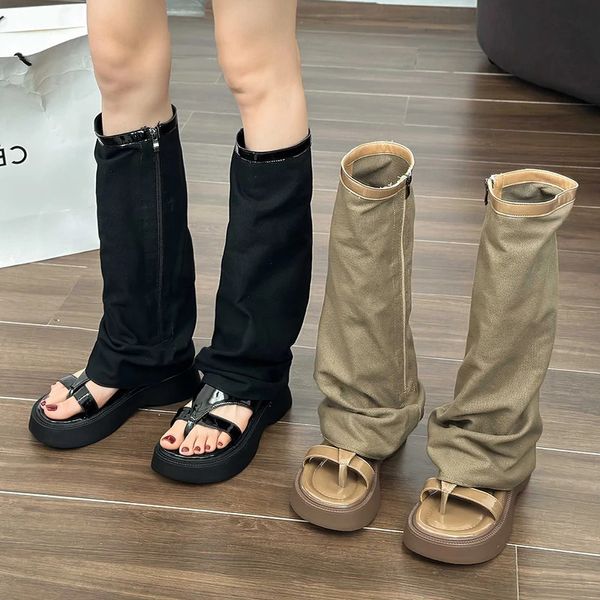 Boots d'été Fashion Sandale Knee-High Womens Designer Plateforme Y2K Punk Ladies Round Toe Slipper Gothic Zipper Trend Shoes 240410 254