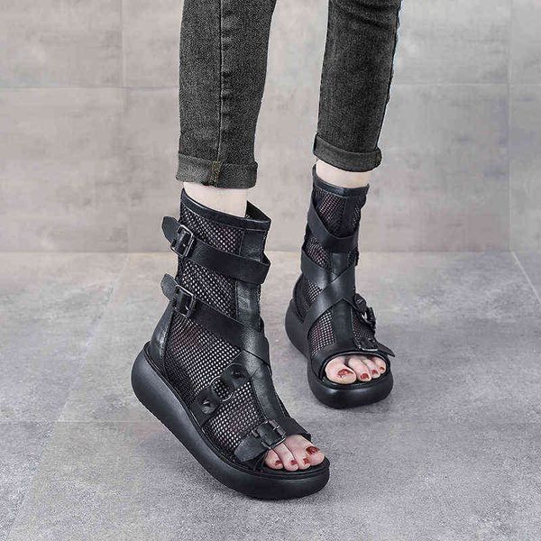 Botas de verano Mujeres diseñador Malla hueca transpirable High Top Sandals Sexy Open Toe Platform Wedges Botas romanas Lady Shoes 220401