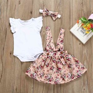 Zomer geboren baby meisje kleding set korte mouw romper floral jurk overalls hoofdband peuter baby kleding schattige outfit 210816