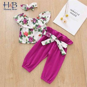 Summer Born Baby Girls Ropa Set Strapless Floral Impreso Top + Bow Denim Pant + Hairband 3pcs Lindo 210611