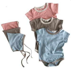 Été Born Baromers 0-3y Vêtements pour bébés Coréen bébé Filles BodySuits Coton Enfant Boys Un morceau avec chapeau 210417