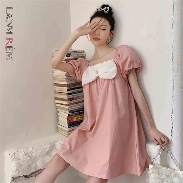 Robe d'été pour femmes col carré manches courtes bouffantes rose patchwork femme robes de streetwear mignonnes 2D1776 210526