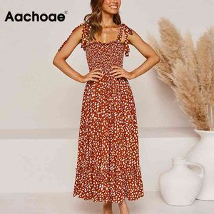 Summer Bow Tie Spaghetti Strap Maxi Dress Mujeres Impreso Ruffles A Line Beach Vestidos Bohemio Sin mangas Long Sundress 210413