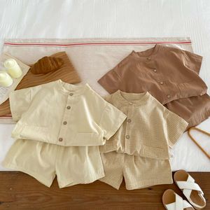 Summer Boys Girls Cotton Checked Short Shirt met shorts Tweedelig set kinderkleding 1-3 jaar oud babypak L2405 L2405