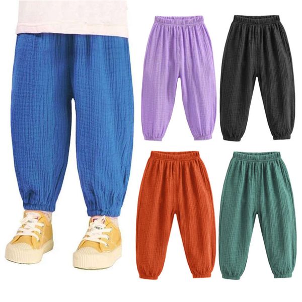 Summer Boys Corea Children Color sólido Lino de algodón Harem Lo suelto Pantalones Niños informales Niñas de la cintura Plaza Pleated Bosters L2405