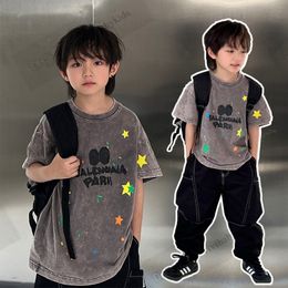 Camiseta con estampado de letras para niños de verano, camisetas de manga corta con estampado de estrellas de colores para niños, tops casuales vintage de moda 2024 Z7364