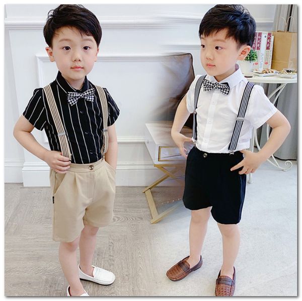 Summer Boys Performance Outfits Kids Gentleman Juegos de ropa de manga corta+Stripe Sfects Shorts+Plaid Bows Tie 3pcs Sets Y217