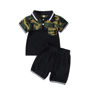 Zomer jongens polo shirt camouflage print kleur matching t-shirt shorts kids pak kleur blok t-shirt + zwarte shorts babyjongen