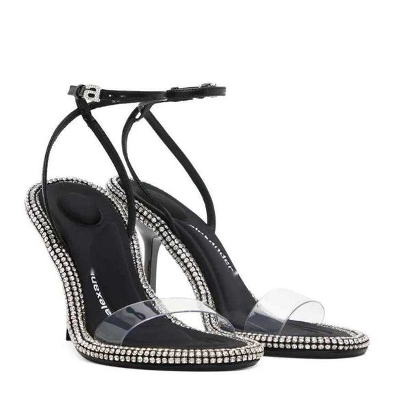 Marca de verano Negro PVC Julie Sandalias Zapatos para mujer Resbalón en tacones altos Crystal Strappy Slingback Lujo Delphine Party Wedding Calzado